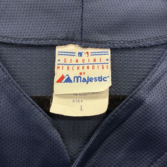 Vintage Majestic Cleveland Indians Jersey Mens L Blue Chief Wahoo Stitched Logo - Picture 2 of 9